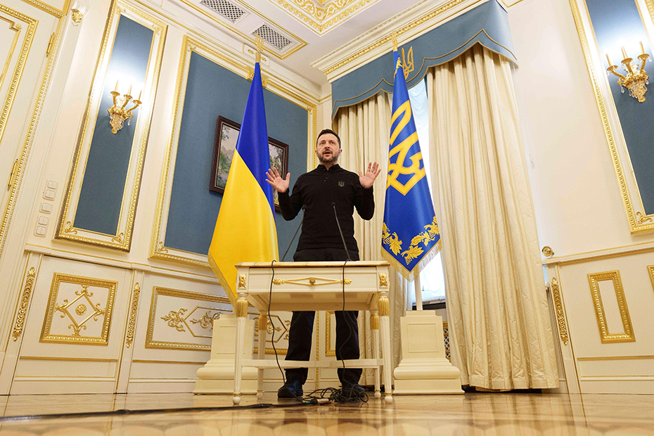 Ukrainian President Volodymyr Zelenskyy speaks to journalists during press conference in Kyiv, Ukraine