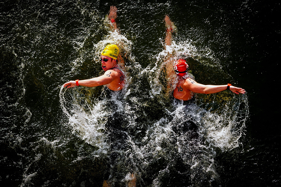 Australia's Chelsea Gubecka and Great Britain's Leah Crisp during the Women's 10km marathon swim at Pont Alexandre III on the thirteenth day of the 2024 Paris Olympic Games in France. 