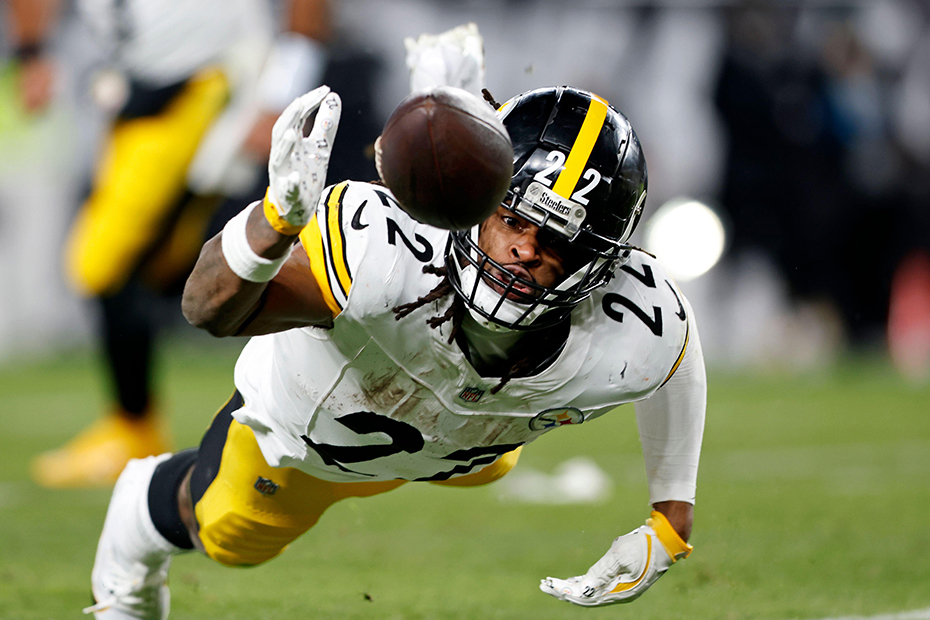 Pittsburgh Steelers running back Najee Harris fumbles during the NFL game against the Philadelphia Eagles in Philadelphia.